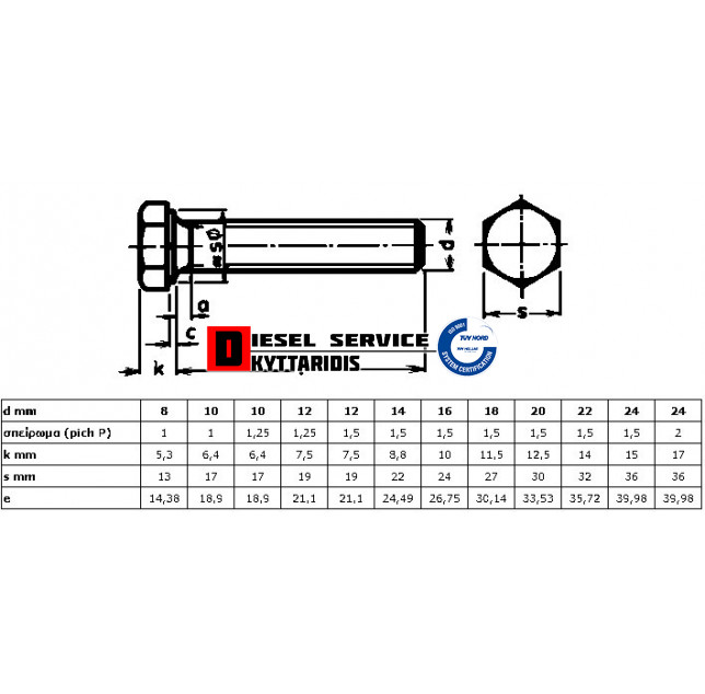 Βίδα εξάγωνη 10*30*1.25 10.9 DIN961